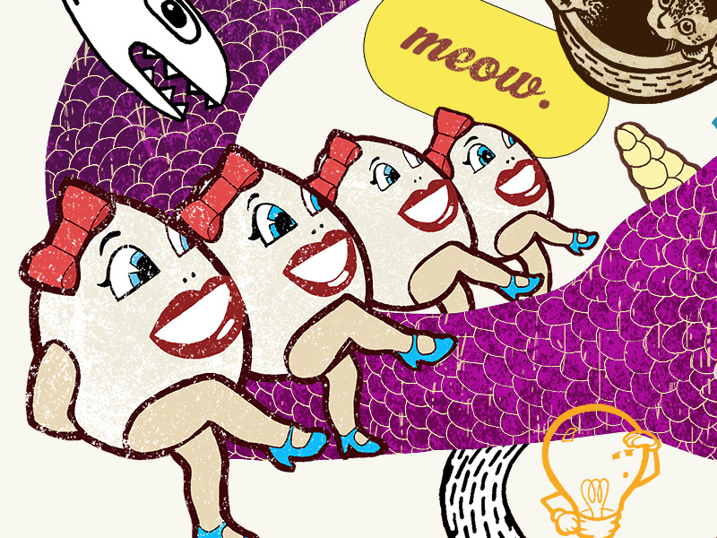 Meow dancing fun snake eggs drawing color illustration