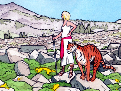 Kathryn and the Tiger blue heroine illustration mountains orange sword tiger woman
