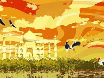 India colorful cranes illustration india marsh orange psychedelic sky swirl taj mahal