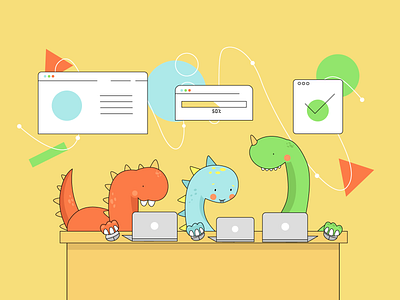 Dinosaurs at the laptop animation app design flat holiday illustration laptop vector web