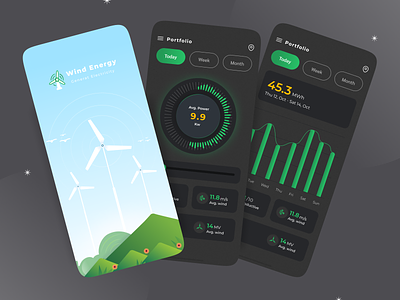 Wind Energy App 3d android app clean ui creative daily ui dark ui figma graphic design ios landing page logo mobile aap trending ui ux wind energy wind power