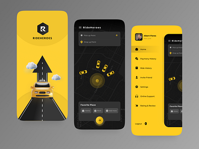 Taxi Booking App android cab booking clean ui creative daily ui dark ui ios landing page logo mobile app taxi app ui ux yellow app