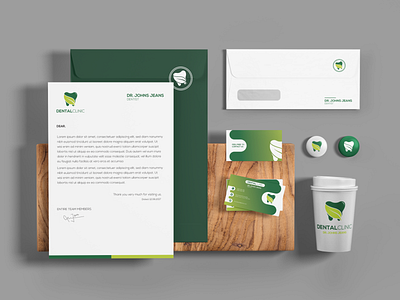 Dental Clinic Letterhead and Stationery branding brochure businesscard design businesscards clinic cup dental clinic graphic design green clean illustration letterhead post card poster design professional stamp stationery teeth ui vector webdesign