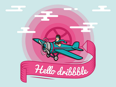 Hello Dribbble! banner character clouds creation debut design dribbble hello illustration plane ribbon sun