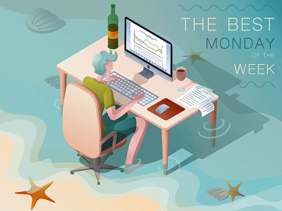 The best Monday of the week! adobe illustrator beach character illustration iso isometric isometric illustration isometry monday sea work workspace