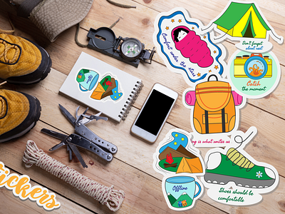 Bright stickers that inspire active recreation adobe illustrator coffee design graphic design hicking illustration moments mountains nature shoes stars stickers tent