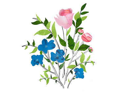 Flowers blue botanical bouquet collage digital collage floral flower flowers hand-drawn illustration nature pink