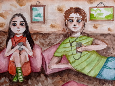 "Internet Dependent Couple" illustration акварель детские книги персонаж