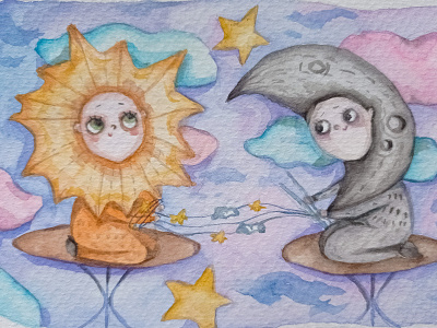 "Moon and sun" illustration watercolor watercolor illustration акварель детские книги персонаж