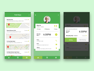 Team Captain Mobile App Design adobe xd game green interaction map material design prototype roster schedule sports team