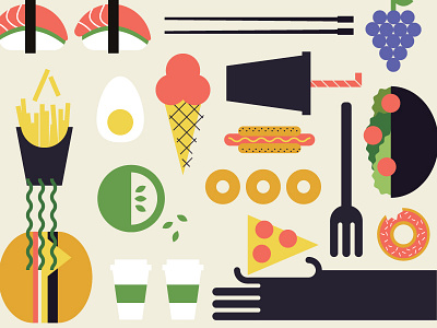 Food Pattern apple color donut food fork fries grapes hamburger icons illustration pattern sushi