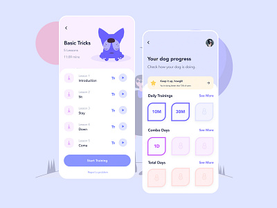 Dog Training App - Next Screens 🐶 achievement animals app concept daily daily ui dailyui design designer dog fitness fitness app gamification illustration progress streaming app training ui ux video