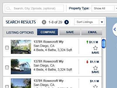 Search Results (progressive enhancement on click compare) homes listings logo mapping maps pushpin real estate results san diego search web design web developer