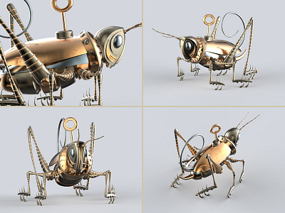 Wind-Up Grasshopper 3d fantasy grasshopper insect render steampunk toydesign