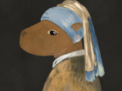 Capybara with a pearl earring animal art artwork capybara cute doodle drawing graphic design illustration oilpaint procreate