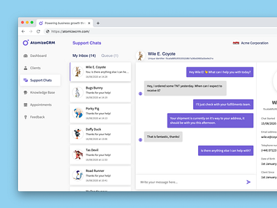 AtomizeCRM - Customer Service Chat chat chat app chat bot chatbot clean live chat messenger ui website