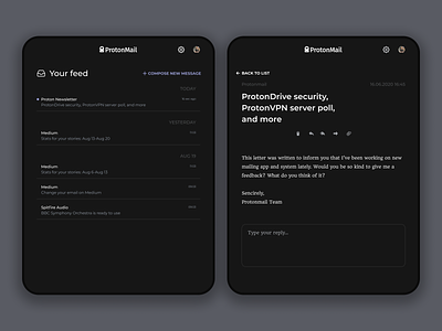 ProtonMail [02] black clean dark dark app dark theme email experiment mail mail app minimal product design proton protonmail redesign sans serif shadow simple tablet text typography
