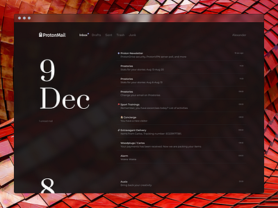 Proton New look List dark email experiment extraordinary list mail mailbox minimal protonmail reader transparent typography web