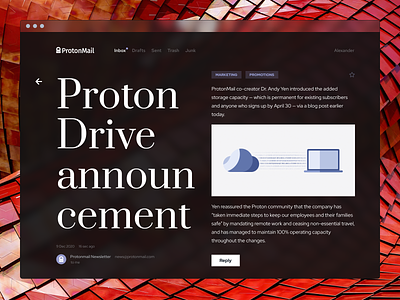 Proton New look Mail article dark email experiment extraordinary mail mailbox minimal protonmail reader transparent typography ui web