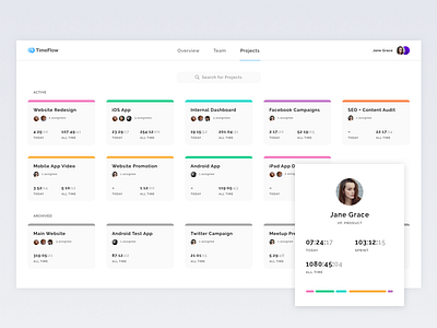 Team time tracking app that syncs projects and tasks from Flow app clean flat flow projects time time tracker ui web