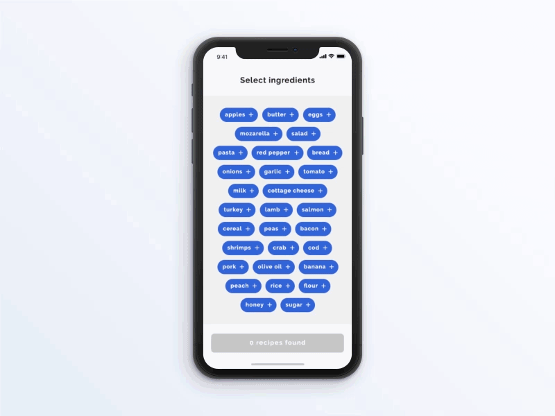 Ingredients Selection after effects animation app ingredients interaction ios iphone iphone x mobile recipes tags transition