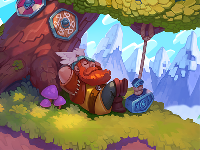 Sleepy Viking art asset background character design environment gambling game gold hammer illustration nature odin ragnar ragnarok slot symbol tor valhalla viking