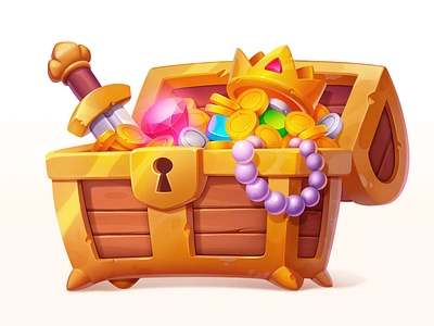 Gold Treasure Chest art asset chest coins crown diamond element gambling game gem gold golden icon metal prize slot sword symbol treasure