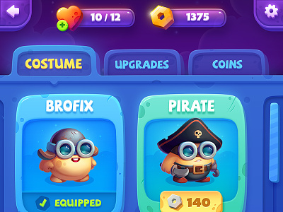 Brofix Shop Screen characters costume game gameart gui pirate shop ui upgrades vampire wizard