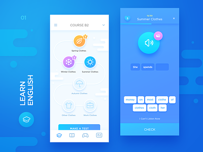 Learn English app blue clean colorful course courses design education exercises game gradient icon interface ios iphone x purple ui ux words xd
