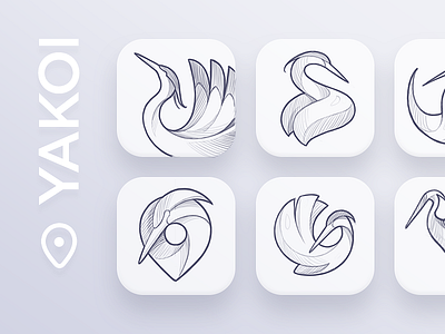 Yakoi App Icon Sketches animal app app icon bird branding character concept design heron icon idea logo logodesign logotype map mark pin process sketch sketches