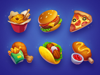 Food Icons art asset burger carrot chicken chips corndog fast food fastfood food game hamburger icon icons illustration pizza slot strawberry symbol taco