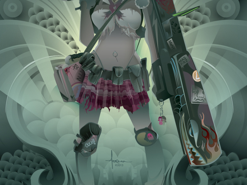 Kogal Apocolyptica ©Orlando Arocena 2013 vector adobe illustrator orlando arocena kogal sexy gas mask bazooka school girl skull stickers city