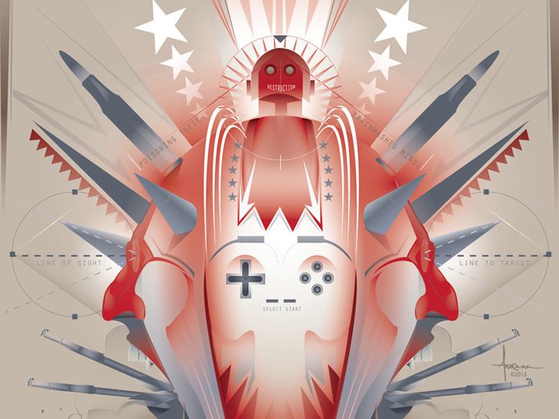 PLAYED in the USA © Orlando Arocena 2013 vector adobe illustrator orlando arocena guns violence gaming skull faces robot child spikes dangerous