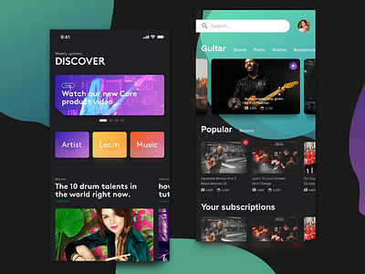 Discover screens color content course dark dark app dark ui discover gakery gradients guitar interface lessons music products uiux