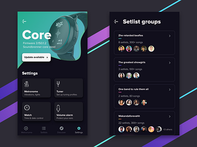 Hardware settings core dark exploration groups hardware menu metronome music music app musician setlist settings uxui waerable