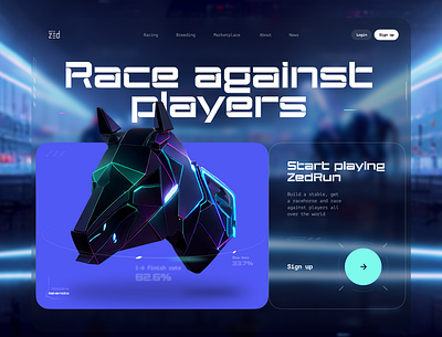 ZedRun | Play-to-earn homepage concept ai banner blockchain blue crypto dark futurism game gaming green home horse main neon neural network nft page pay to earn polygon pte
