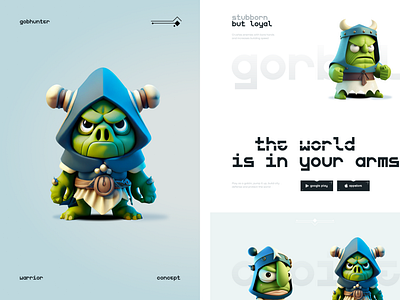 gobhunter | mobile game website concept 3d ai blue character design game gaming goblin green landing light main mobile page personage play ui web website white