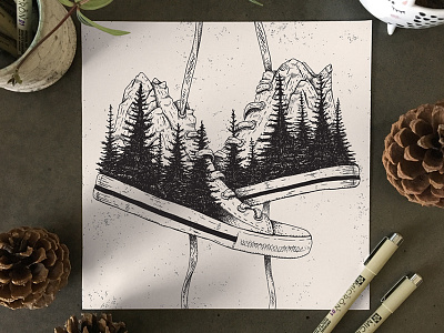 Wildermiss Album Cover converse forrest illustration micron mountains music nathan walker shoes sketch trees