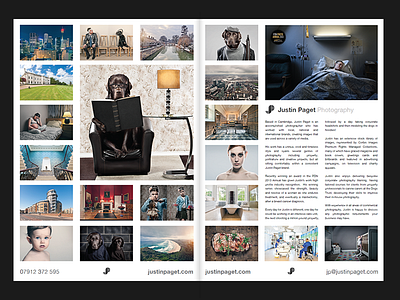 Double page magazine advert for Justin Paget Photography advertising creative graphic design photographer print