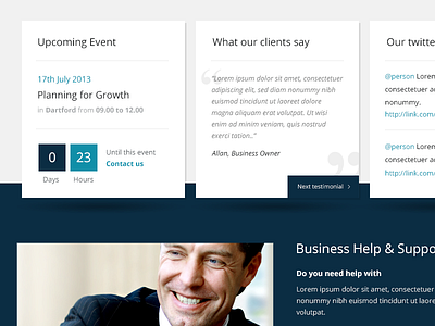 Lower part of a corporate B2B website homepage design homepage photoshop psd teasers
