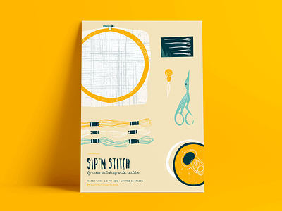 Sip 'N' Stitch Poster beer cross stitch cross stitching design embroidery hoop event illustration poster texture yarn