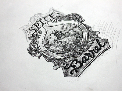 SpiceBarrel barrels branding flourish illustration lettering pen and ink ships spicebarrel woodcut