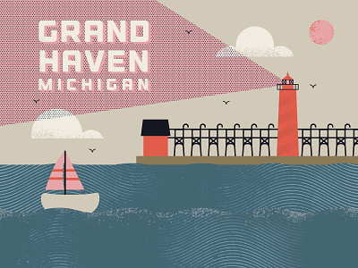 Grand Haven Lighthouse beach clouds grand haven grand rapids grit illustration lake michigan lighthouse michigan pure michigan sailboat sailing texture waves west michigan
