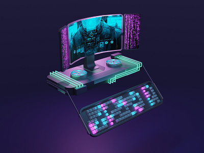 Cyberpunk Display 3d 3dart 3dillustration 3dtechnology blender cyber cyberpunk design display future keyboard laptop light lightning midjourney modeling modern pc render shapes