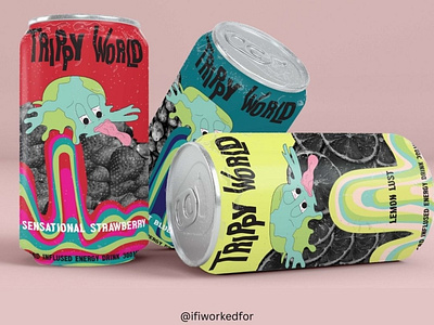 Trippy World passion project- 3 drink cans + mockups design energy drinks graphic design illusrator illustration logo mockup packaging design passion project photoshop vector