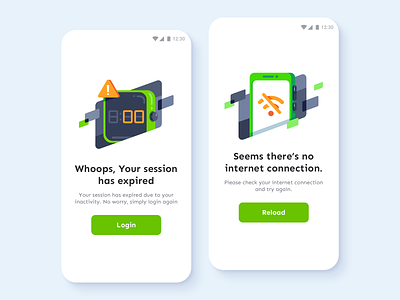 Empty States Illustrations For Flixbus empty state error screen green illustration mobile app mobile ui no connection no internet orange session expired ui vector