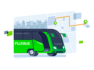Futuristic Bus Illustration bus green hero image homepage illustration maps orange transportation ui vector