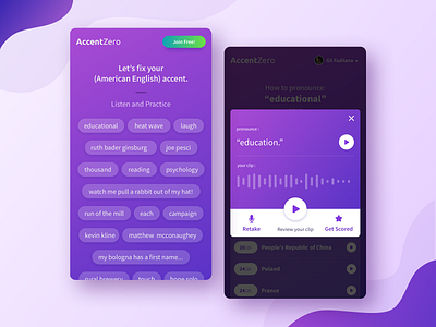 Accent Learning Platform Redesign accent gradient language learning mobile app mobile app design mobile site mobile ui purple purple gradient recording ui uidesign ux