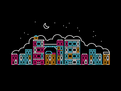 Neon Nights architecture city flat minimalist moon neon night stars town