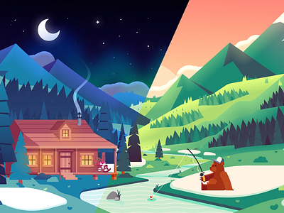 Day & Night aurora bear cabin day fishing forest fox lights moon mountains nature night river snow stars